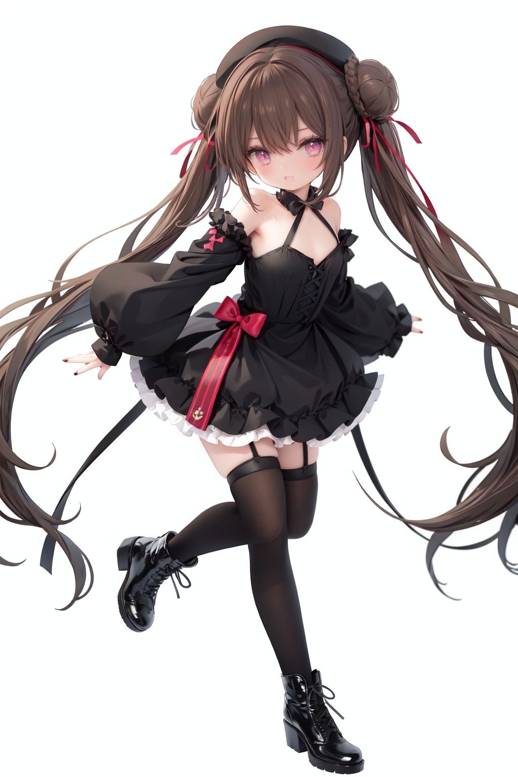  1girl, dress, double bun, hair bun, long hair, black dress, twintails, looking at viewer, smile, hat, bangs, brown hair, white background, solo, open mouth, blush, black headwear, very long hair, garter straps, thighhighs, bare shoulders, beret, :d, ribbon, black gloves, simple background, long sleeves, nail polish, black footwear, red ribbon, bow, gloves, wide sleeves, animal, hair ribbon, boots, red nails, sheath, sheathed, hair between eyes