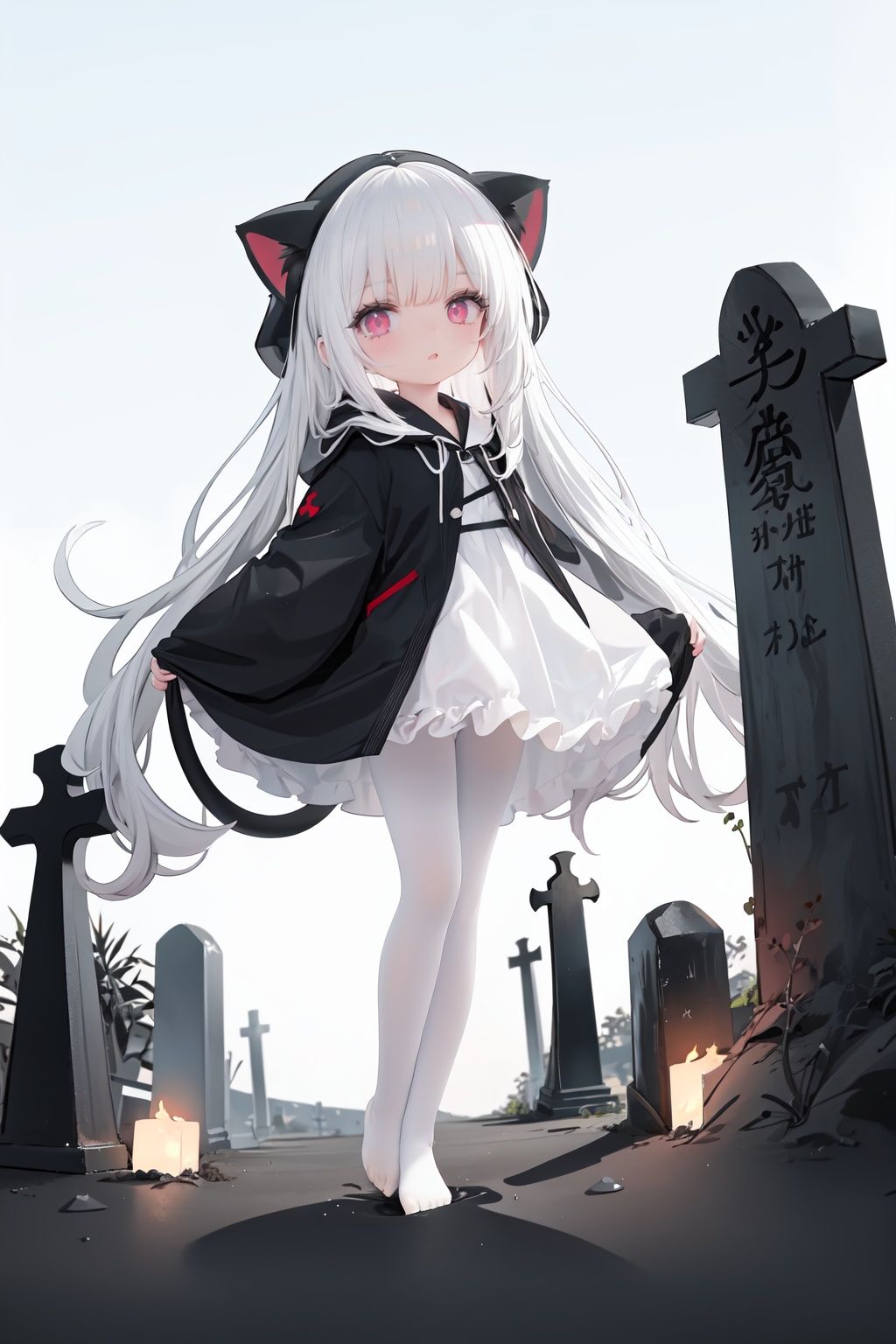  1girl, loli, petite child, white hair, long hair, red eyes, grim reaper, black robe, cat_hood, standing on one leg, another leg up, trample, white pantyhose, foot soles, underfoot, look down, shadow, graveyard, tombstone,beach, (from below:1.2)