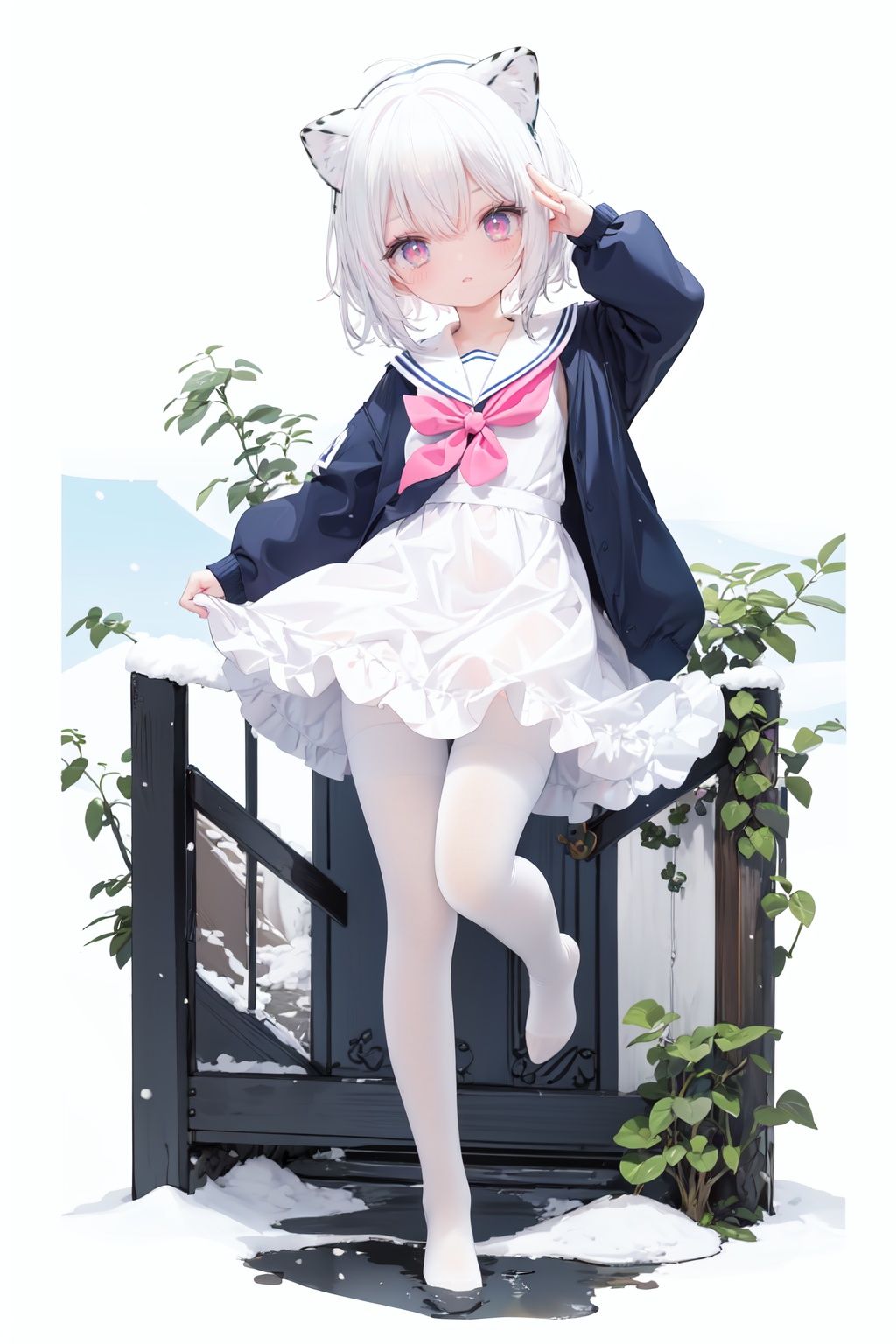 cute,Infant,solo blue shirt,blue sailor coat,loli,full body,white hair,snow leopard ear,white background,pink eyes,laugh,happy,white pantihose,white pantyhose,red armband,