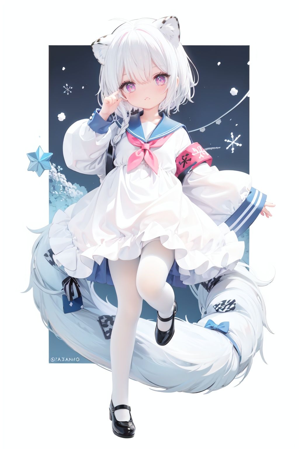  cute,Infant,solo blue shirt,blue sailor coat,loli,full body,white hair,snow leopard ear,white background,pink eyes,laugh,happy,white pantihose,white pantyhose,red armband,