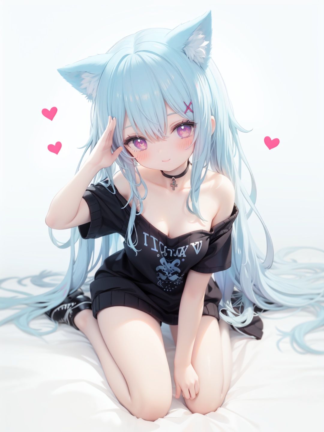  petite, loli, solo, animal ears, heart, puffy short sleeves, blue hair, long hair, off shoulder, bangs, hair ornament, gradient background,rainbow gradient, x hair ornament, animal ear fluff, looking at viewer, very long hair, blush, smile, cat ears, bare shoulders, collarbone, hand up, gradient sweater, hair between eyes, symbol-shaped pupils, arm up, heart-shaped pupils, hairclip, medium breasts, salute, bare legs,full body