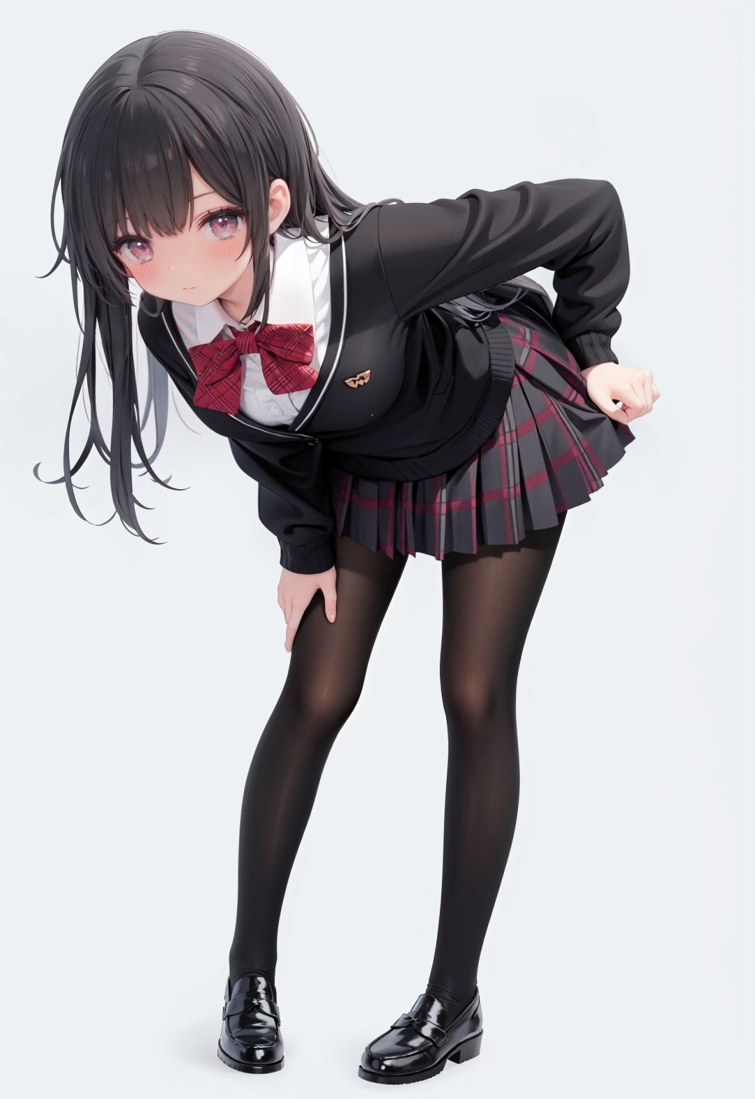 1girl, solo, pantyhose, skirt, long hair, loafers, shoes, simple background, school uniform, brown eyes, plaid, black pantyhose, plaid skirt, looking at viewer, black hair, pantyhose pull, full body, clothes pull, black footwear, pleated skirt, leaning forward, bangs, long sleeves, bent over, cardigan, bow, bowtie, standing, closed mouth, pulled by self, grey background, blush, miniskirt, red bow, sweater, **********