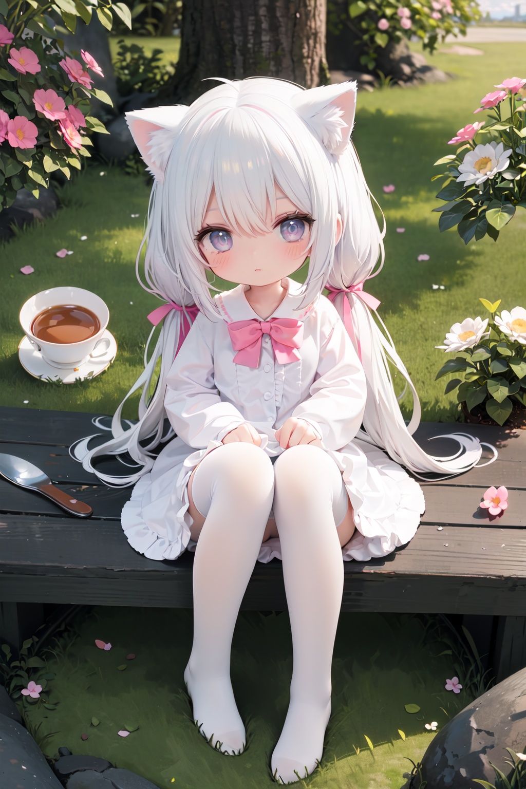  pov,close up,(loli,child,little girl,3-years-old:1.5),solo,(full body:1.3),
(nsfw:0.9),1girl, solo, (petite, loli :1.4),full body,petite child,
(bottle bottom:0.9),mid shot, flowers,floating petal,stone fragment, beautiful detailed water,cloud,sun,dusk,sunset,,(solo:1.2),(Masterpiece),(Best quality),(Extremely Detailed CG Unity 8k Wallpaper),(high resolution),(Best background details:1.26),(Best character details:1.36),(pastel (medium):1.35),sparkle,(white hair:1.2), grey eyes, cat ears, (cat girl:1.1), hair between eyes, ((low twintails)), long hair, hair ribbon, hair ornament, bowtie,fur-trimmed dress, ((white:1.2) thighhighs:1.3),, illustration, Accumulate, table, flower, bow, bangs, tree, frills, long sleeves, bowtie, pink flower, closed mouth, shirt, outdoors, pink bow, grass, yellow bow, saucer, [(floating island:1.2,cloud)]