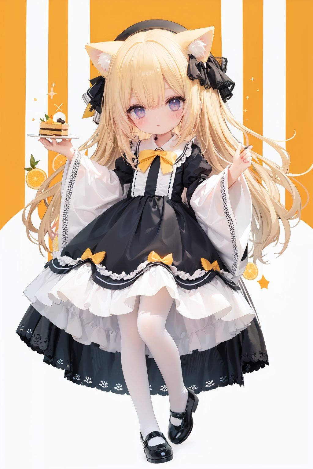  (cinematic lighting), dreamy atmosphere, Ray tracing, (((solo))), (loli:1.5), (child:1.5), (petite:1.5), green eyes, (animal ears), dress, solo, food, blonde hair, open mouth, long hair, pancake, flower, holding, bow, smile, fork, bird, socks, looking at viewer, shoes, striped background, holding fork, bonnet, striped, frills, long sleeves, :d, yellow dress, bangs, eyebrows visible through hair, blush, green nails, hair bow, nail polish, diagonal stripes, chick, sparkle, frilled dress, orange bow, fruit, full body, :3, hair between eyes, green bow, puffy sleeves, heart, lemon, orange footwear, animal ear fluff, white bow, cat ears, bobby socks, orange headwear, see-through sleeves, blue background, striped bow, hair ornament, white legwear, mary janes