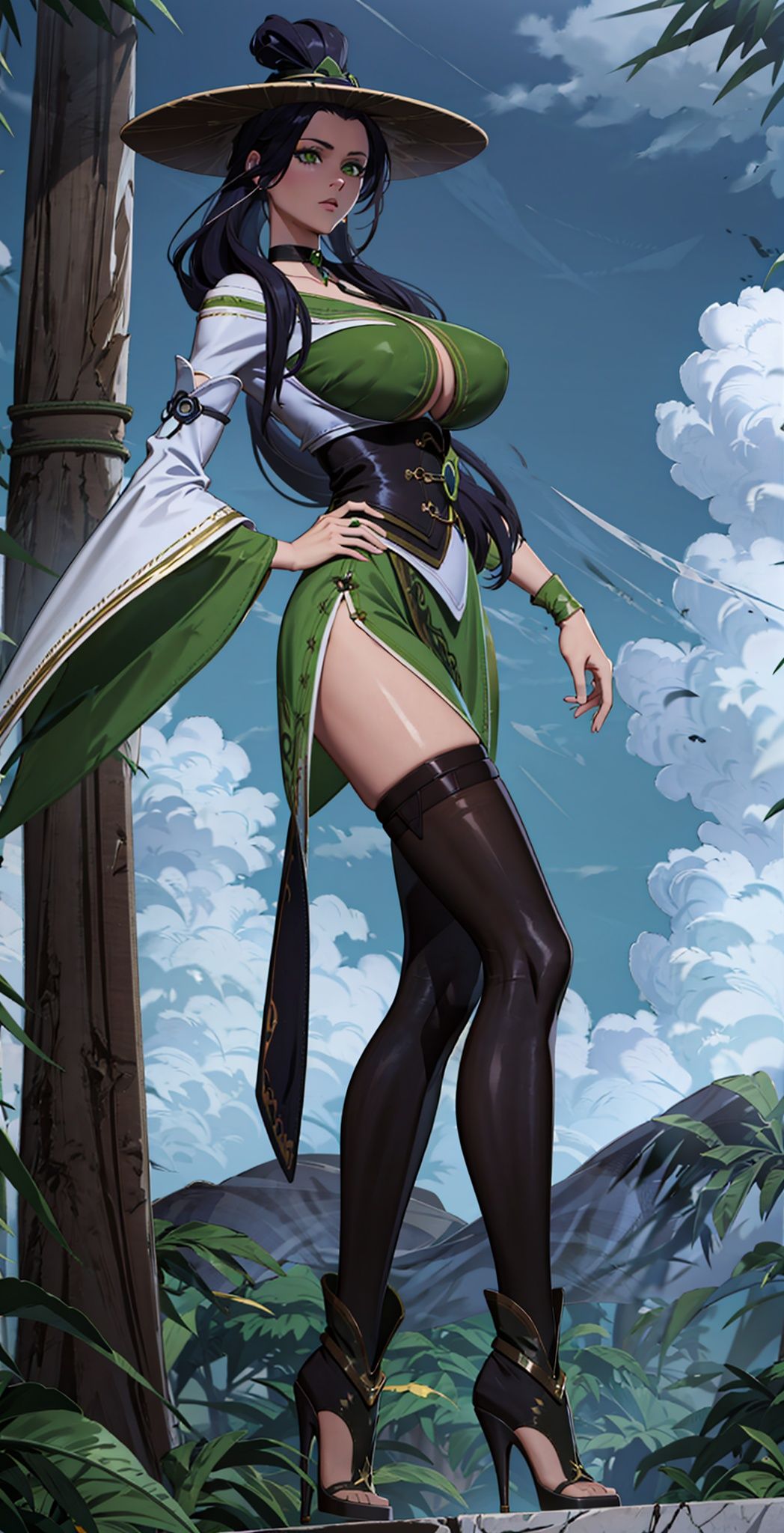  1girl, black hair, (exposed big breast:1.2),
black legwear, boots, choker, green eyes, high heels, long hair, long sleeves, thighhighs, wide sleeves, hat,(outdoor)