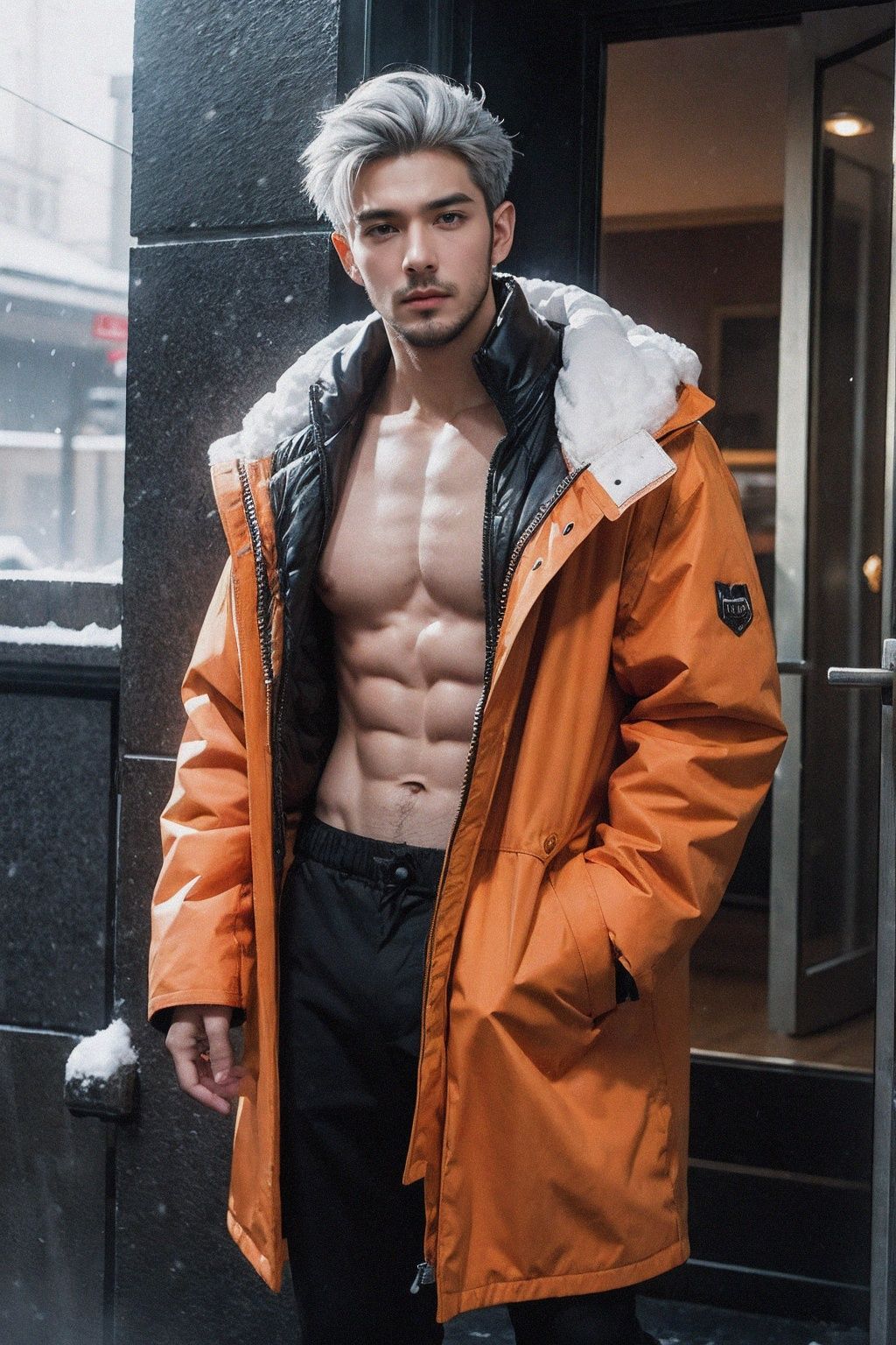 (silver_hair:1.1),handsome male,beard,(oversized orange coat:1.1),abs,winter,snow,