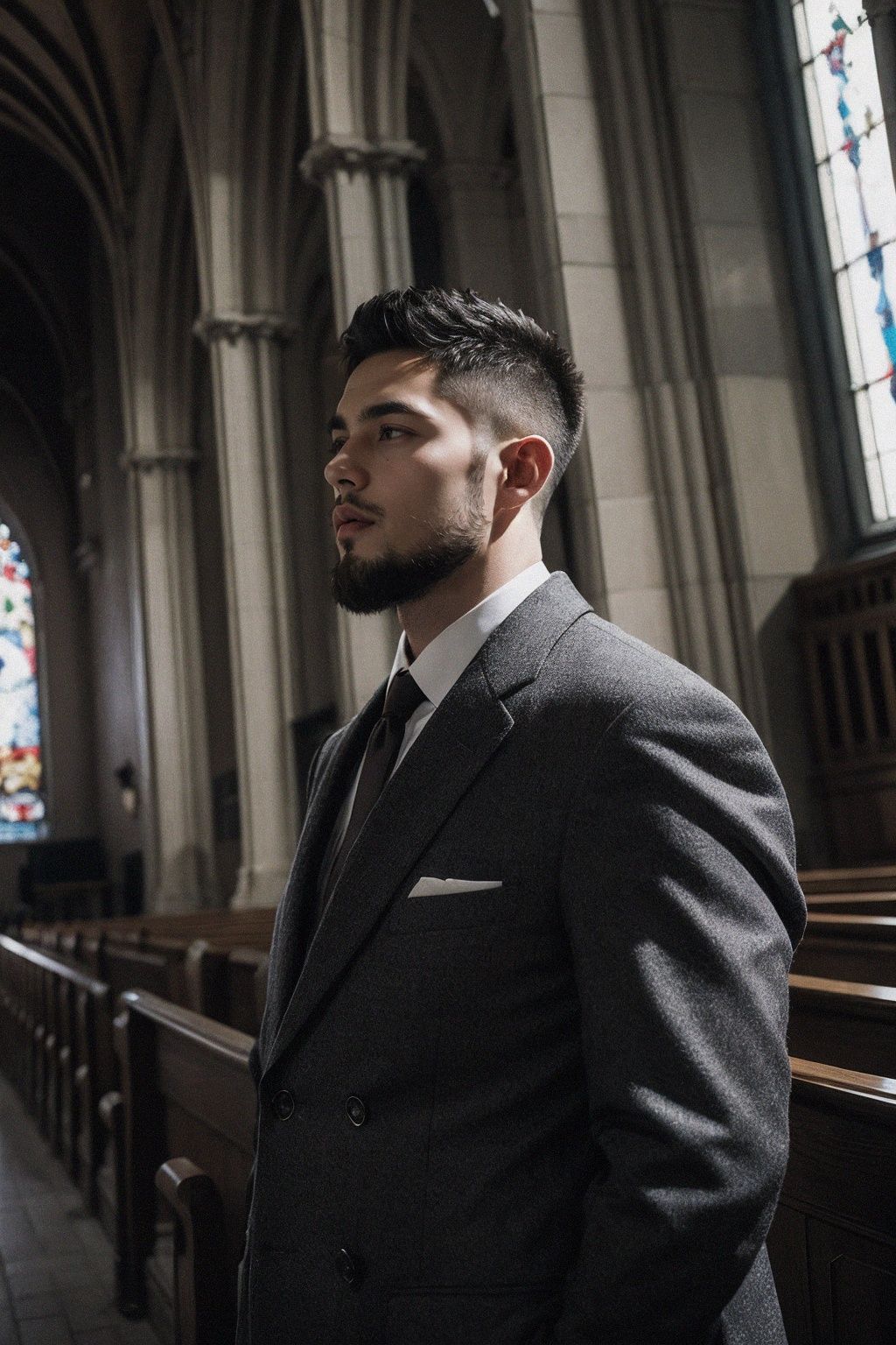 handsome male,solo,beard,big muscle,suit,feather coat,dutch angle,low angle,empty church,