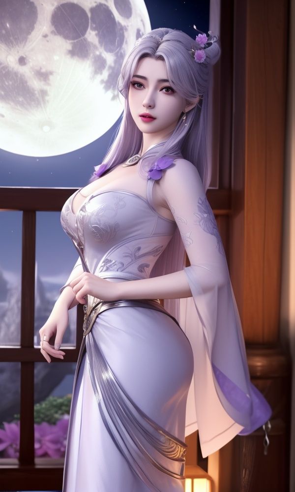 (,1girl, ,best quality, )<lora:DA_楚灵儿-仙武传:0.8>,, ,masterpiece, fantasy, realistic,science fiction,mole, ultra realistic 8k cg, ,tamari \(flawless\),  medium breasts,moonlight,full moon, purple flower,       (()), (),