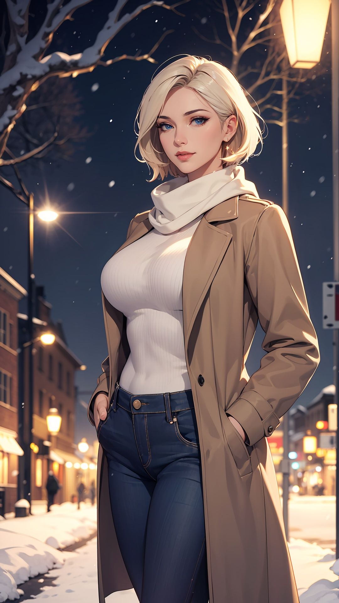 (masterpiece:1.2), (best quality:1.2), (highres:1.2), (incredibly absurdres), (absurdres), very_high resolution, illustration, (chromatic aberration:1.2), (film grain:1.2), (cinematic), (bokeh), (caustics), (light_particles:1.1), (lens flare:1.2), (blurry background), (blurry_foreground), (depth of field), (detailed beautiful scene), scenery, landscape, UHD wallpaper, HDR, 8k unity render, octane render, artstation, concept art, global illumination, studio light, volumetric light, bokeh, dramatic light, blurry, picturesque_scenery, beautiful_optical_effects, (1girl), (solo), solo_focus, mature female, tall female, milf, shiny hair, glossy hair, sharp_eyelid, eyeliner, eyelashes, eyeshadow, (perfect detailed face), lips, (lipgloss), glossy skin, shiny skin, feminine proportions, skinny, toned, narrow waist, slim, wide hips, curvy, large_breasts, perky_breasts, long legs, (pov), lateral view, platinum blonde hair, short hair, parted bangs, wavy hair, bob cut, blue eyes, (dutch angle), hands in pockets, waiting, looking away, (night), cityscape, tan_coat, open coat, overcoat, night, earrings, jeans, pants, high-waist pants, boots, ribbed sweater, white sweater, (floating), outdoors, snowing, smile, snow, utility pole, snowflakes, bare tree, winter, street, white_scarf, town, christmas, merry christmas, night_sky, starry sky, city lights, lamppost, dark, backlighting