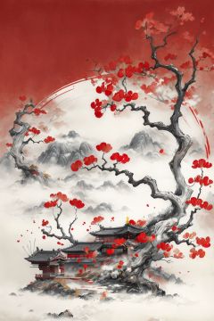 red  background, Exquisite work,  masterpiece,  master composition,  ink wash,  ginkgo tree, （wind blowing）,  morning mist,<lora:EMS-73193-EMS:0.300000>,<lora:EMS-73414-EMS:0.300000>