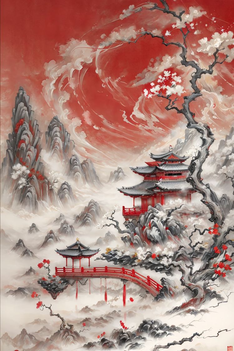 red  background, Exquisite work,  masterpiece,  master composition,  ink wash,  ginkgo tree, （wind blowing）,  morning mist,<lora:EMS-73193-EMS:0.500000>,<lora:EMS-73414-EMS:0.500000>