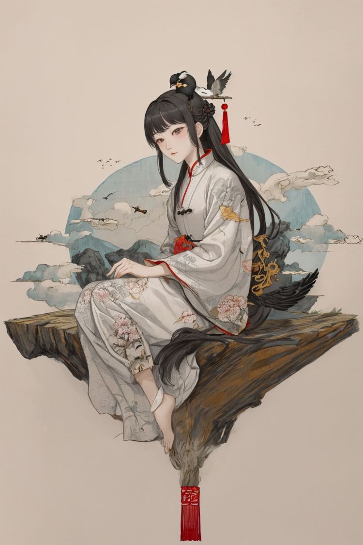 Chinese traditionallandscpae with anoff white background with a light gray thinines texturewith old paper texture featuringchinese art,Song dynasty, Xuan paper, Goofy.Birds, Solitary cloud, Sit alone, JingtingMountain,Never get tired of it, Look at eachothe