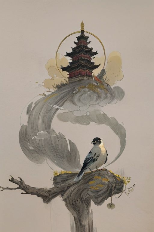 Chinese traditionallandscpae with anoff white background with a light gray thinines texturewith old paper texture featuringchinese art,Song dynasty, Xuan paper, Goofy.Birds, Solitary cloud, Sit alone, JingtingMountain,Never get tired of it, Look at eachothe