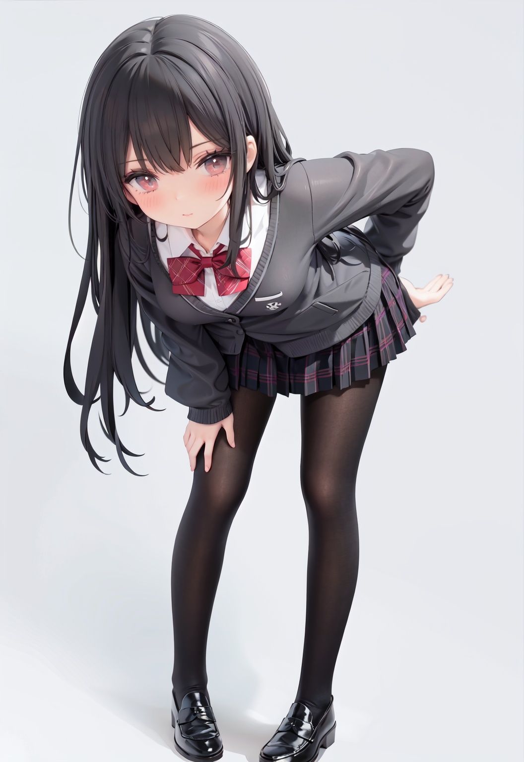  1girl, solo, pantyhose, skirt, long hair, loafers, shoes, simple background, school uniform, brown eyes, plaid, black pantyhose, plaid skirt, looking at viewer, black hair, pantyhose pull, full body, clothes pull, black footwear, pleated skirt, leaning forward, bangs, long sleeves, bent over, cardigan, bow, bowtie, standing, closed mouth, pulled by self, grey background, blush, miniskirt, red bow, sweater, **********