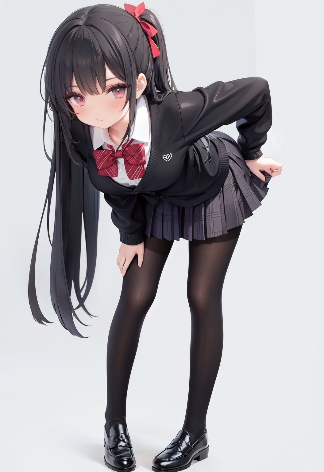  1girl, solo, pantyhose, skirt, long hair, loafers, shoes, simple background, school uniform, brown eyes, plaid, black pantyhose, plaid skirt, looking at viewer, black hair, pantyhose pull, full body, clothes pull, black footwear, pleated skirt, leaning forward, bangs, long sleeves, bent over, cardigan, bow, bowtie, standing, closed mouth, pulled by self, grey background, blush, miniskirt, red bow, sweater, **********