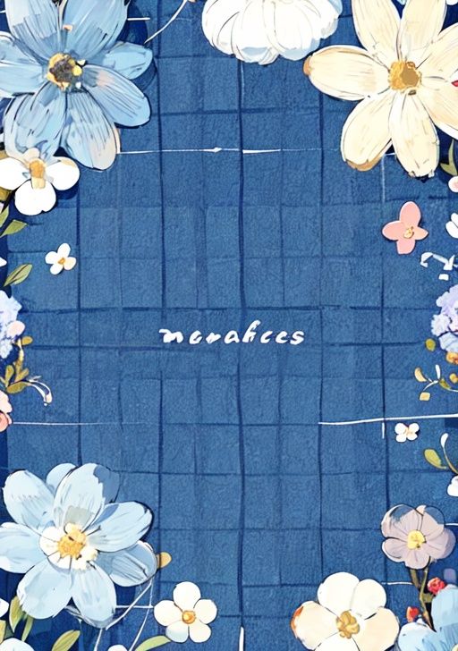 masterpiece, high quality, argyle_background, blue_flower, chain-link_fence, checkered_background, daisy, floral_background, flower, heart, hexagon, honeycomb_\(pattern\), honeycomb_background, hydrangea, lily_\(flower\), no_humans, silk, snowflakes, spider_web, tile_floor, tile_wall, tiles, simple_background, white_background, artist_name, english_text, blue_theme<lora:Keai-000009:1>