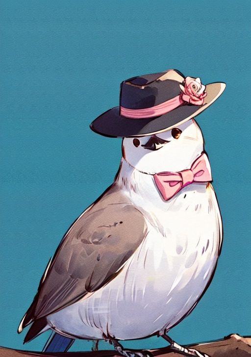 masterpiece, high quality, animal, animal_focus, black_headwear, blue_background, bow, bowtie, flower, hat, no_humans, pink_bow, pink_bowtie, pink_flower, pink_rose, red_bow, simple_background, solo, standing, holding, nail_polish, bird, red_nails, 1other, out_of_frame<lora:Keai-000009:0.86>
