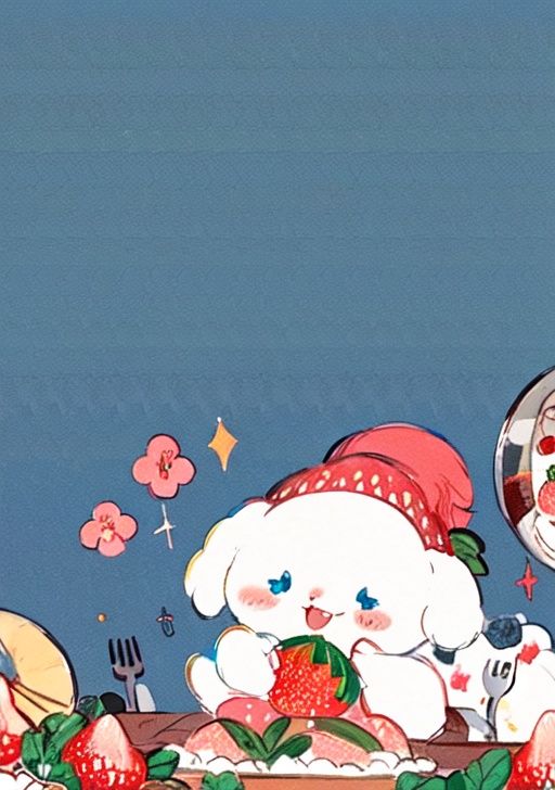 masterpiece, high quality, berry, blueberry, cake, cake_slice, camellia, cherry, cream, dessert, food, food_focus, food_print, fork, fruit, leaf, melon, no_humans, orange_\(fruit\), red_flower, red_rose, sparkle, strawberry, strawberry_hair_ornament, strawberry_panties, strawberry_print, strawberry_shortcake, tomato, watermelon, whipped_cream, solo, open_mouth, blue_eyes, simple_background, white_background, holding, closed_eyes, heart, fang, speech_bubble, pokemon_\(creature\), blush_stickers, holding_food, thought_bubble, animal_focus<lora:Keai-000008:1>