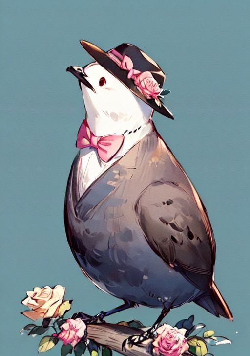 masterpiece, high quality, animal, animal_focus, black_headwear, blue_background, bow, bowtie, flower, hat, no_humans, pink_bow, pink_bowtie, pink_flower, pink_rose, red_bow, simple_background, solo, standing, holding, nail_polish, bird, red_nails, 1other, out_of_frame<lora:Keai-000009:1>