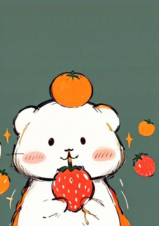 masterpiece, high quality, apple, food, fruit, no_humans, orange_\(fruit\), simple_background, strawberry, tomato, white_background, solo, blush, holding, :3, eating, holding_food, object_on_head, solid_circle_eyes, mandarin_orange, food_on_head<lora:Keai-000009:1>