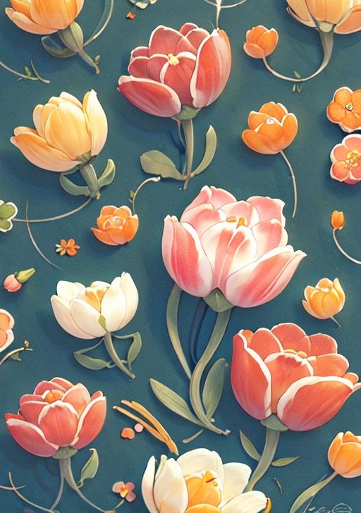 masterpiece, high quality,  food, fruit, orange_\(fruit\), simple_background, white_background, flower, lying, signature, no_humans, shadow, pink_flower, yellow_flower, orange_flower, still_life, tulip<lora:Keai-000009:0.86>