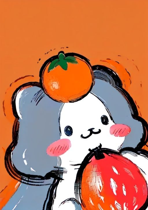 masterpiece, high quality, apple, food, fruit, no_humans, orange_\(fruit\), simple_background, strawberry, tomato, white_background, solo, blush, holding, :3, eating, holding_food, object_on_head, solid_circle_eyes, mandarin_orange, food_on_head<lora:Keai-000009:1>