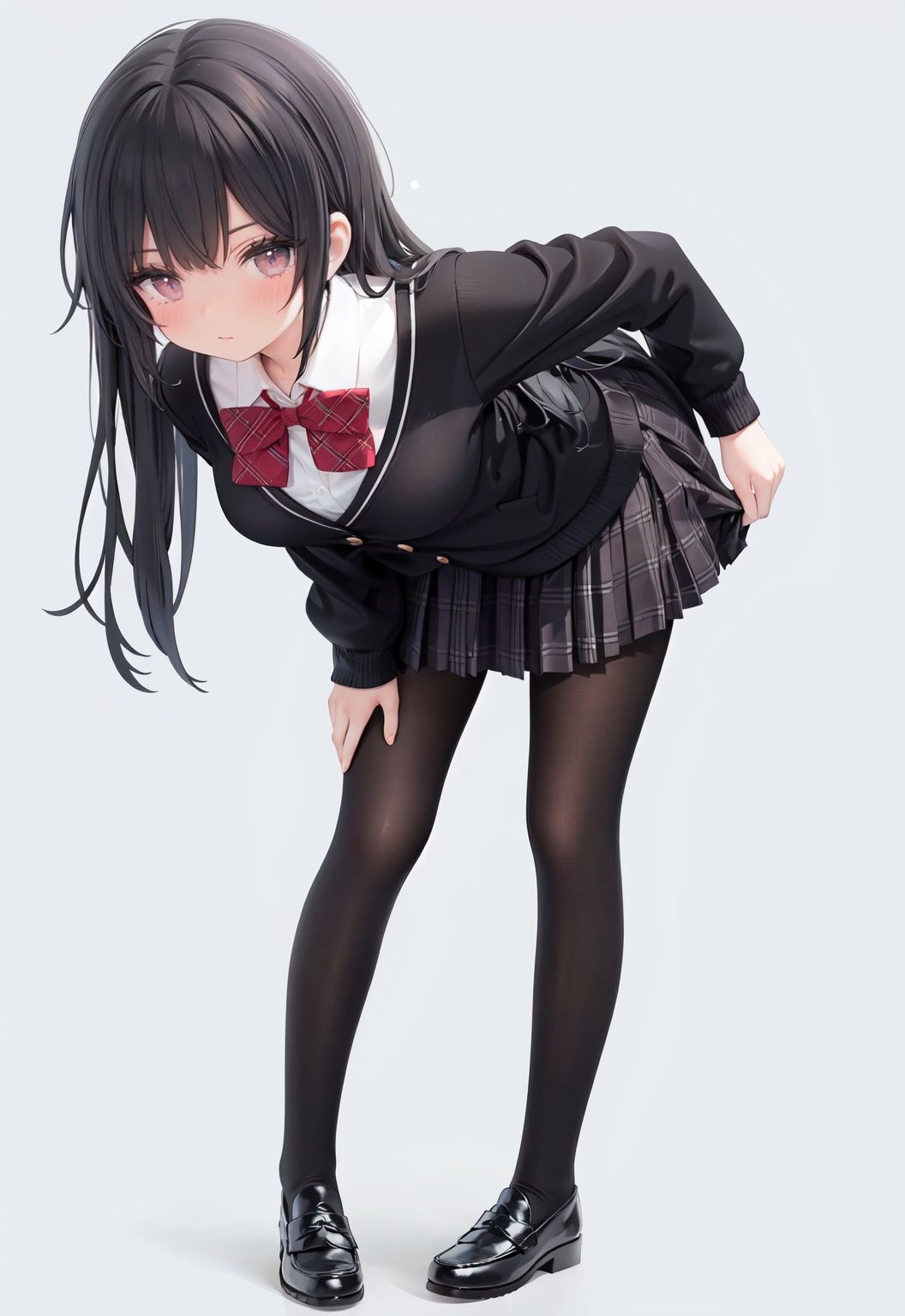  1girl, solo, pantyhose, skirt, long hair, loafers, shoes, simple background, school uniform, brown eyes, plaid, black pantyhose, plaid skirt, looking at viewer, black hair, pantyhose pull, full body, clothes pull, black footwear, pleated skirt, leaning forward, bangs, long sleeves, bent over, cardigan, bow, bowtie, standing, closed mouth, pulled by self, grey background, blush, miniskirt, red bow, sweater, **********