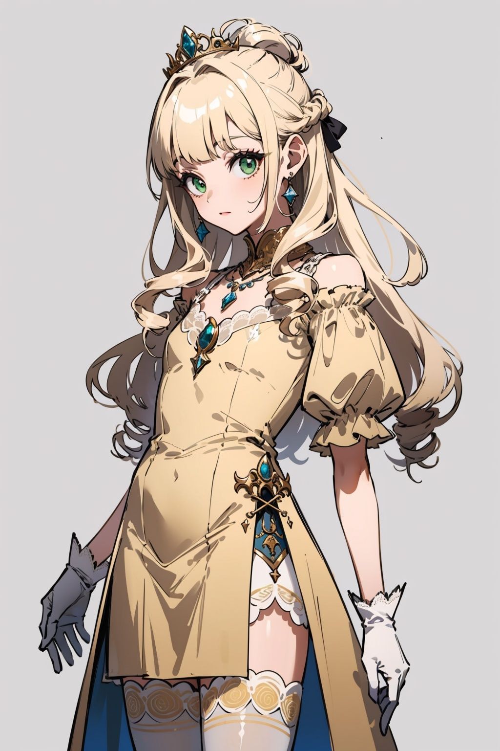 1female,solo,white gloves,jewelry,yellow dress,blonde hair,earrings,long hair,yellow dress,simple background,grey background,necklace,bangs,tiara,looking at viewer,curly hair,blunt bangs,green eyes,white gloves,Cadis Etrama Di Raizel,(White lace gloves：1.55), (Noblesse：1.66),OuterWorldAI, fantasy,(lace edge：1.55),Medieval aristocrat,The gorgeous queen,(long curly hair：1.55),(cowboy shot：1.35),(Spiral curl：1.65),spirals,Tie one's hair,(spiralcurl:1.55),(long curly hair：1.55),(long curly hair：1.55),(white silk stockings：1.55),fantasy,top Knot,(Flat coating:1.65),Elegant female,(Mature woman：1.35),(A medieval queen's dress：1.55),(cuff：1.53)