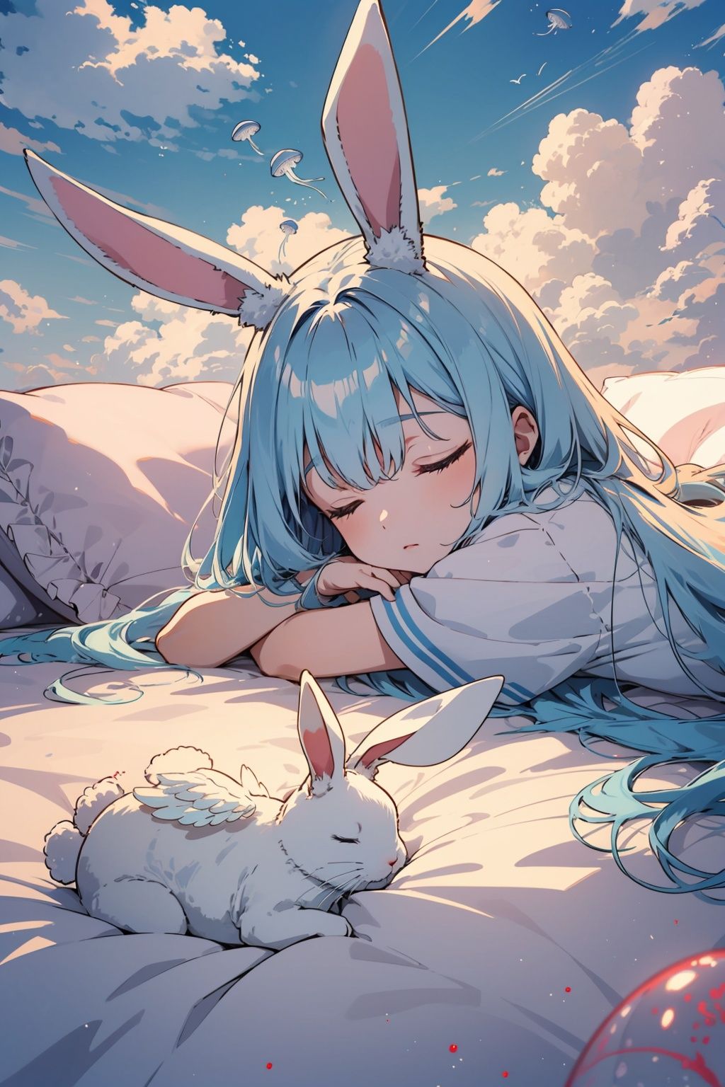 Light blue hair, angels, long hair girls, lovely background clouds, mini-characters, small light blue jellyfish floating around, sleeping on a futon, sleeping on one's face, colorful clouds, white rabbit ears, drooping rabbit ears