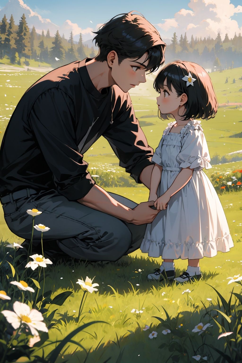  absurdres,incredibly absurdres,masterpiece,best quality,1girl,1boy,child,detail light,small animals,in spring,nature,action,kawaii,in a meadow,full-blown flowers,whole family,love,friend,play,lively