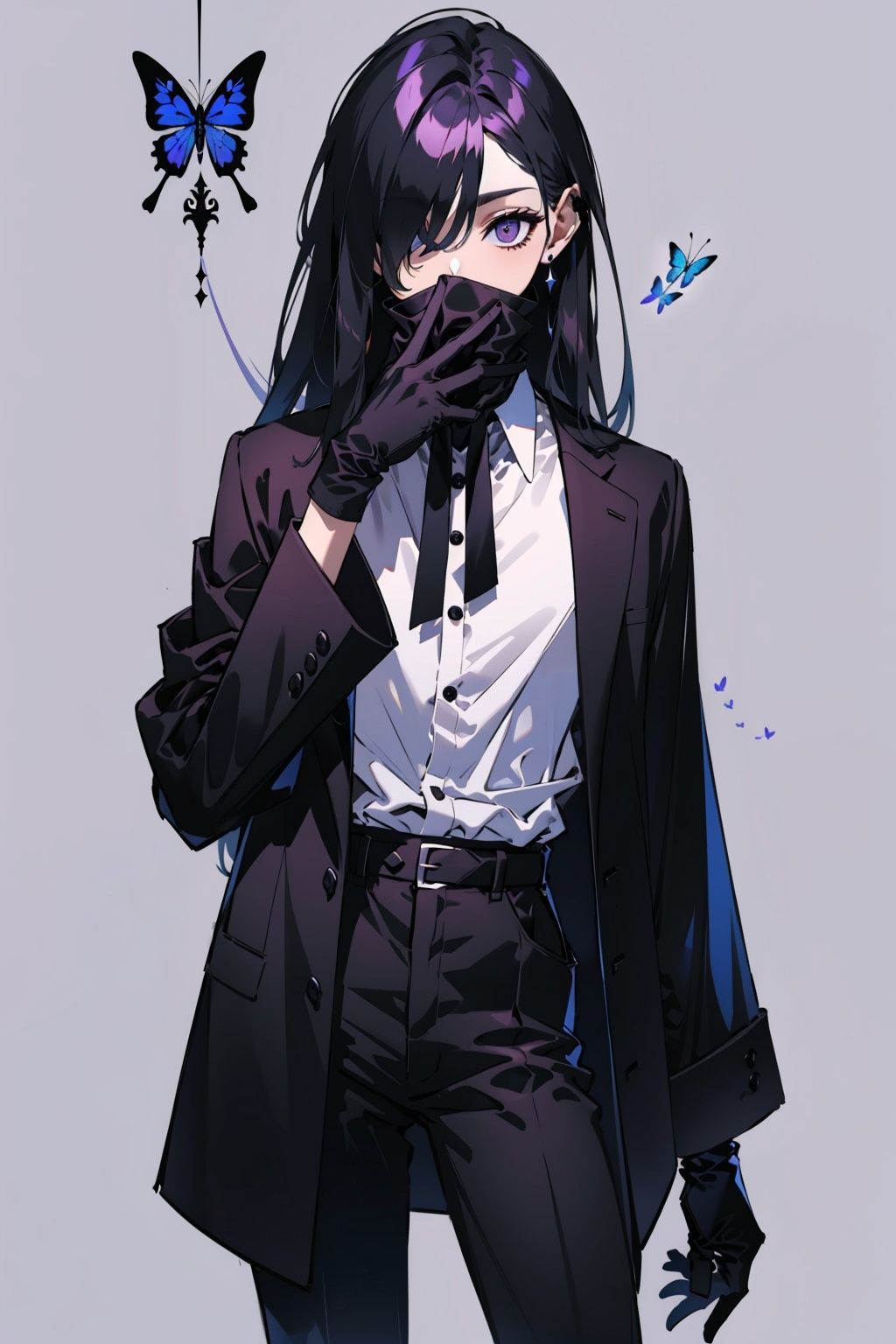  (The neckline covers half the face：1.55),（Black winter clothing：1.45）,(The neckline covers the mouth：1.55),(straight hair：1.55),,(The King of immobility：1.55),(purule shirt:1.55),1girl,1female,black hair,solo,gloves,long hair,simple background,hair over right eye,black gloves,looking at viewer,purple eyes,grey background,buttons,covered mouth,one eye covered,black high collar,black long sleeves,cowboy shot,male focus,simple background,pants,boots,solo,
(black long sleeves:1.45),looking at viewer,(cowboy shot:1.55),Cadis Etrama Di Raizel ,(Noblesse：1.66),male,OuterWorldAI,(the upper part of the body：1.55),(Face the audiencs：1.45),fantasy,(cowboy shot:1.65),(Long sleeves in purple：1.45),(butterfly：1.45),(purple coat：1.66)
