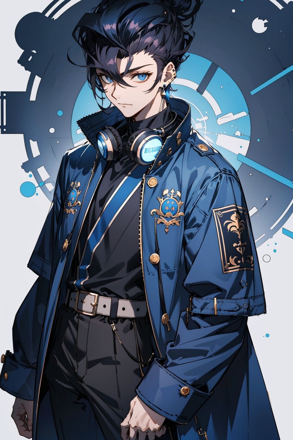  (pompadour:1.4),1male,blue eyes,black hair,male focus,shirt,white background,black shirt,blue coat,(Wise king：1.35),simple background,pants,boots,solo,belt,
(long sleeves:1.45),looking at viewer,(blue jacket:1.45),(cowboy shot:1.55),(Black hair mixed with blue threads:1.45),Cadis Etrama Di Raizel ,(Noblesse：1.66),male,OuterWorldAI,(the upper part of the body：1.55),(Face the audiencs：1.45),(blue and black hair：1.25),fantasy,headphones around neck,earrings, piercing, (hair between eyes:1.55),(bangs:1.45),(cowboy shot:1.65),cyberpunk