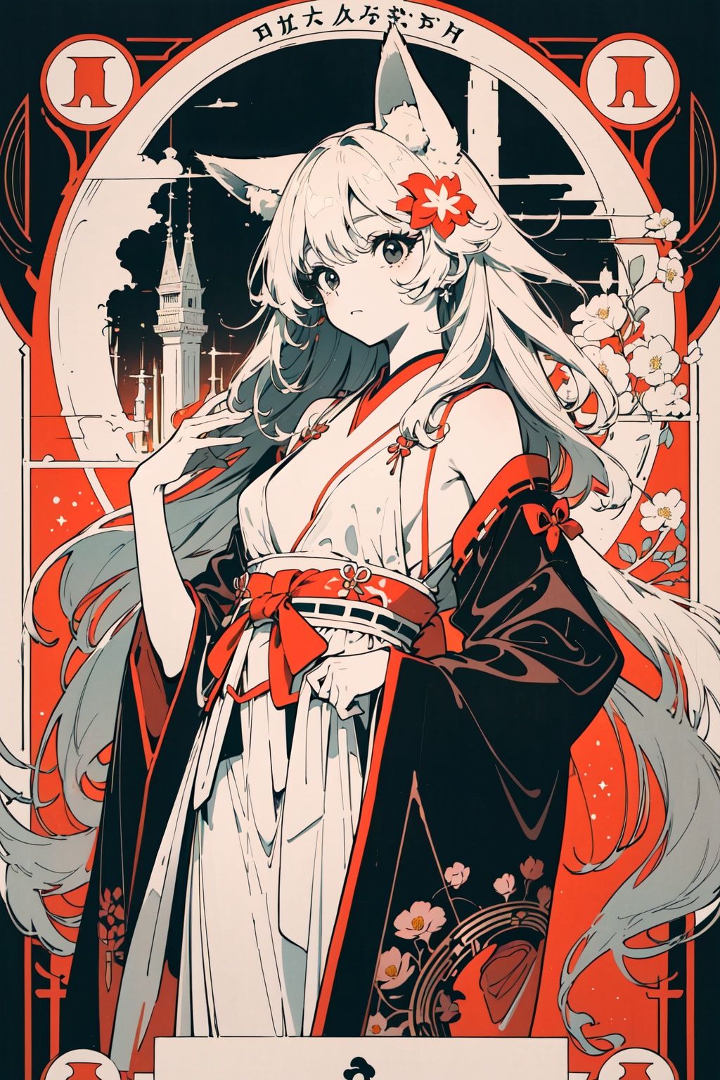  {masterpiece, illustration , best quality} , girl , {fox ear} , very long hair , grey hair , medium_breasts , black eyes ,((masterpiece)), (((best quality))), ((ultra-detailed)), ((illustration)), ((disheveled hair)) , tower((tree*flower),colossal,tall),((masterpiece,intricate detail,sharp&smooth datail,highest resolution,best quality,extremely beautiful and delicate:1.0) anatomy , perfect anatomy , solo, , (miko) ,eaba,maid bikini ,, (tarot card, tarot , tarot style frame,) , (masterpiece:1.2, best quality:1.2) , ((colorful)) , (((flat color))) ,
