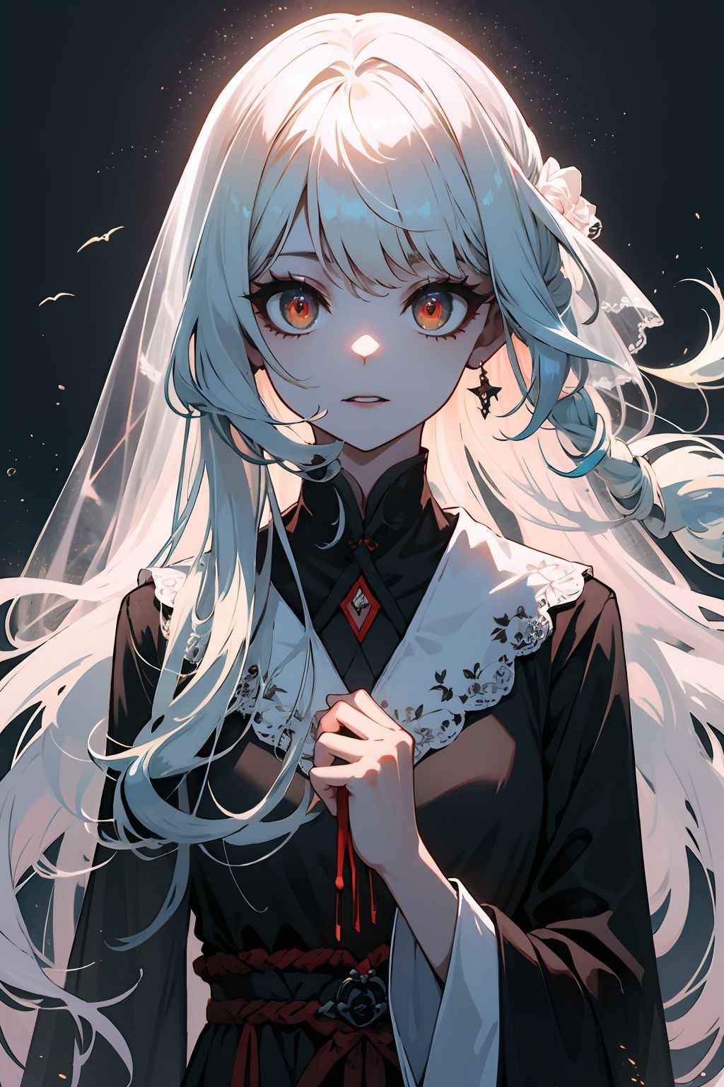  1 girl, Ghost Bride, with terrifying eyes, full of murderous aura, sharp eyes, white hair, xinniang, blackmagic