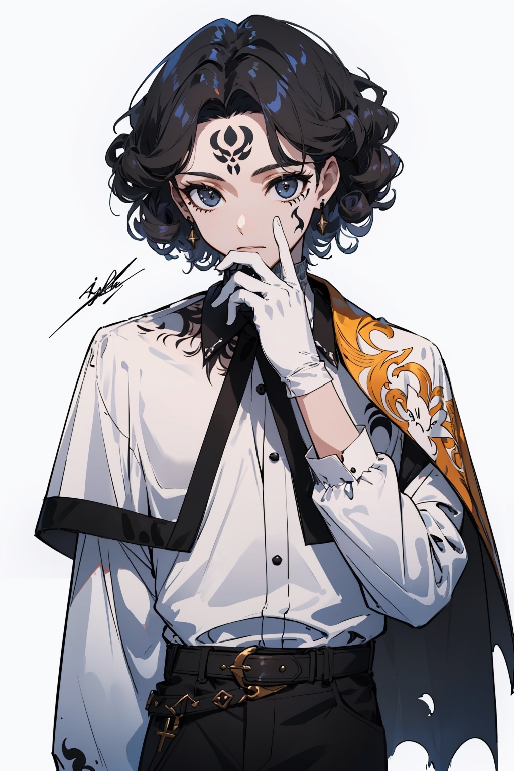  (curly hair:1.64),(Black tattoo on the front of the forehead:1.55),(Black tattoo on the front of the forehead:1.55),(Black tattoo on the front of the forehead:1.55),1male,black eyes,black hair,male focus,shirt,white background,white shirt,simple background,pants,boots,solo,belt,(long sleeves:1.45),white capelet,looking at viewer,(cowboy shot:1.55),Cadis Etrama Di Raizel (Noblesse：1.66),male,OuterWorldAI,(the upper part of the body：1.55),(Face the audiencs：1.45),fantasy,(one white glove:1.55),(short hair:1.55),