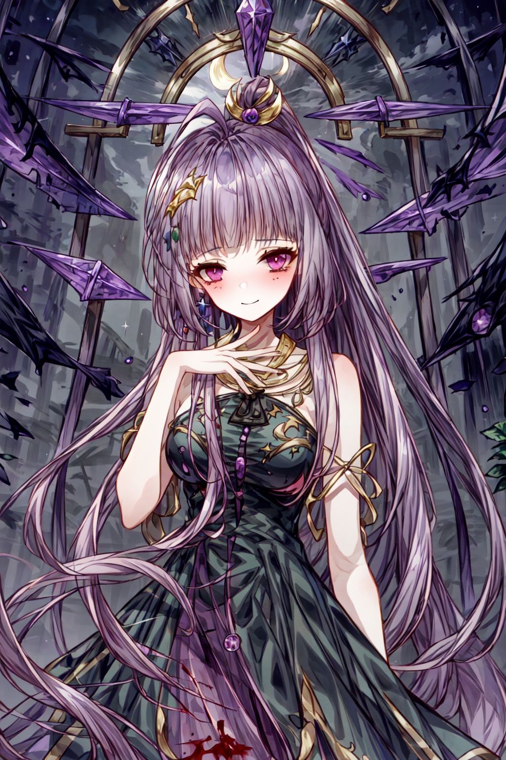  1girl,solo, purple hair, purple eyes, very long hair,diamond \(shape\), ((arm around back)),jewelry,((Masterpiece :1.4, best quality))++, (Super Detail)+, (Fine detail Kawaii best quality), (Best quality, Masterpiece :1.3), (Super Detail, Extremely Detailed and Beautiful :1.2), Fine resolution, (Fantasy Medieval Times :1.2), Lovely Girl, (solo:1.3), large breasts, Princess dress, Queen's crown :1.5, novel, (Gothic Lolita), ribbon, necklace, (Turn pale, sad, afraid, shut your mouth :1.2), (Dark night and sky, Green moonlight top :1.5), there is a moon in the sky. Red tears, exposed shoulders, (violet eyes :1.4). Green moonlight top :1.5), there is a moon in the sky
Halloween background, landscape, Christmas tree, jack-o '-lantern, tears, blood, crazy smile, long hair down to waist