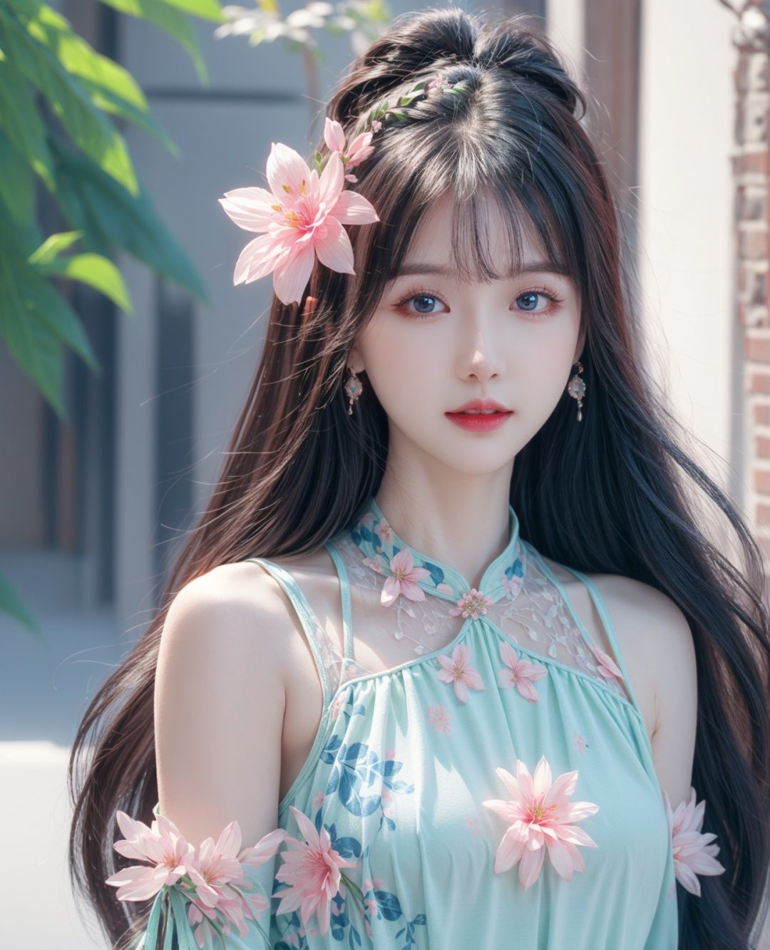  1girl, solo, flower, long hair, black hair, hair ornament, hair flower, blue eyes, floral print, chinese clothes, looking at viewer, detached sleeves, upper body, white flower, parted lips, dress, pink flower, china dress, bare shoulders, blush, red flower, eyelashes, white dress, lips, sleeveless, parted bangs, glowing,lens flare,big leaf,plant, wind, cute girl,blurry background