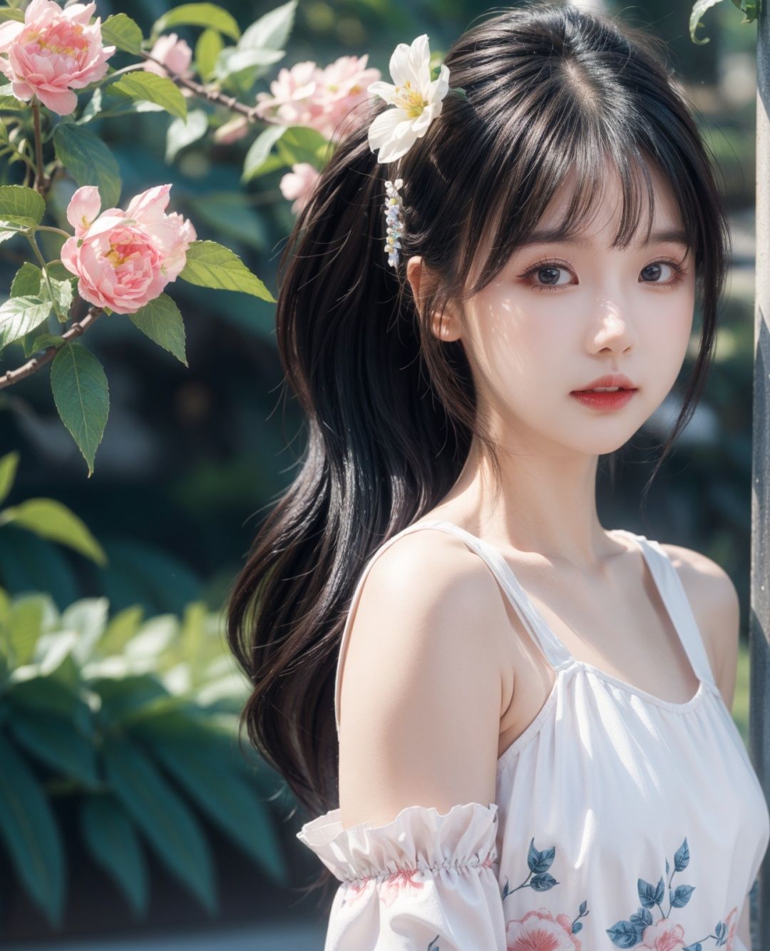  1girl, solo, flower, long hair, black hair, hair ornament, hair flower, blue eyes, floral print, chinese clothes, looking at viewer, detached sleeves, upper body, white flower, parted lips, dress, pink flower, china dress, bare shoulders, blush, red flower, eyelashes, white dress, lips, sleeveless, parted bangs, glowing,lens flare,big leaf,plant, wind, cute girl,blurry background
