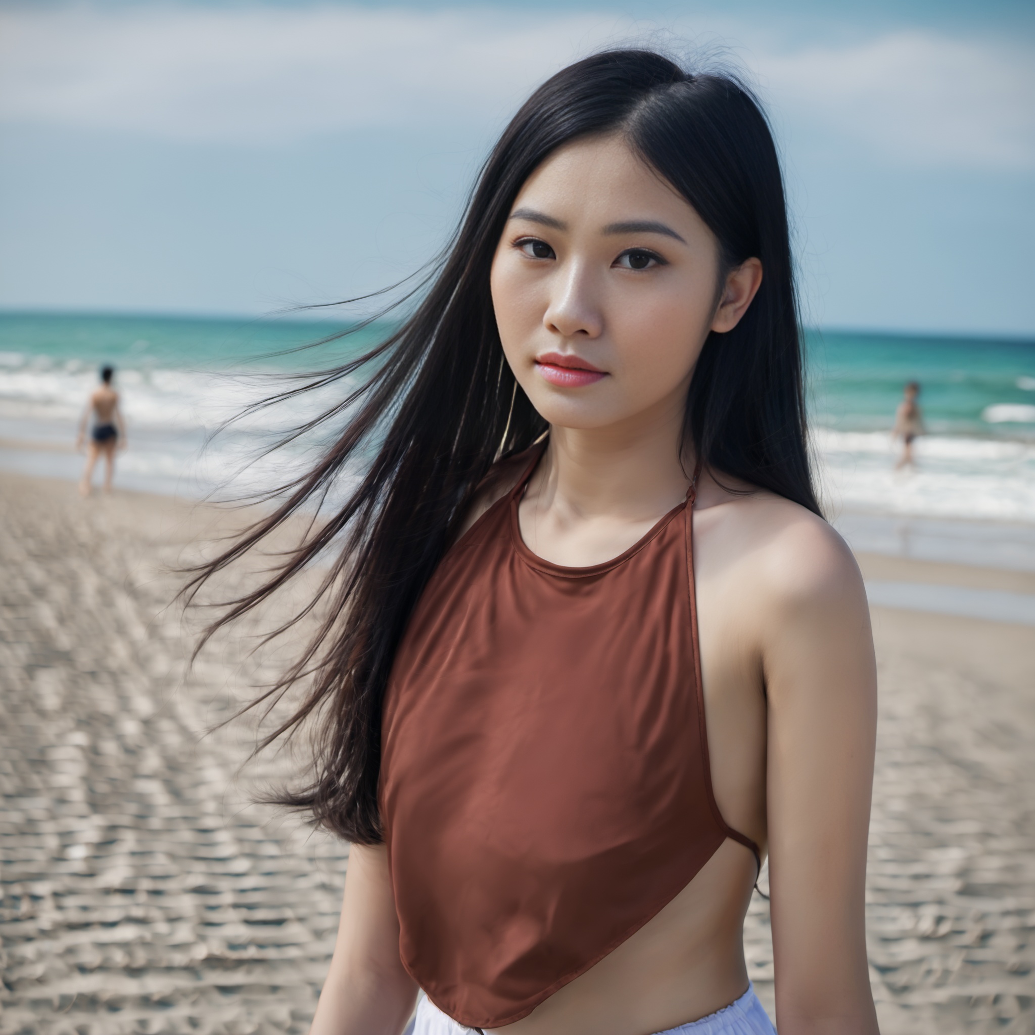 realistic,  professional photograph of 18 years old (Vietnamese girl wear aoyem) (rise hand,  standing on the beach) on Te...