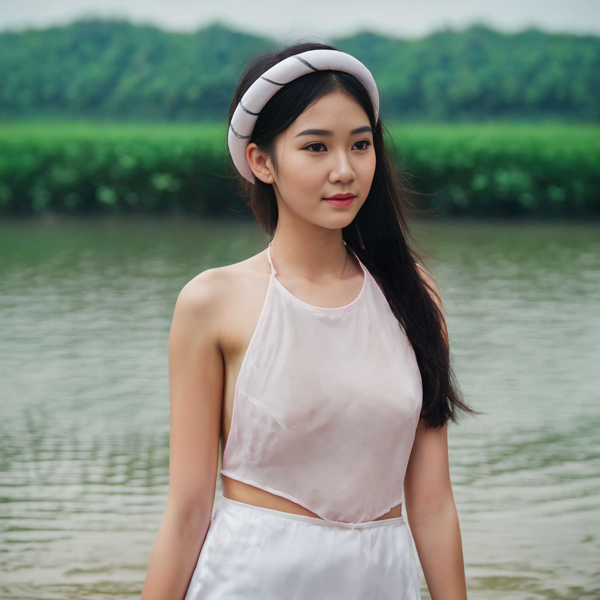 realistic,  professional photograph of 18 years old (Vietnamese girl wear aoyem) (rise hand,  standing on the beach) on Te...