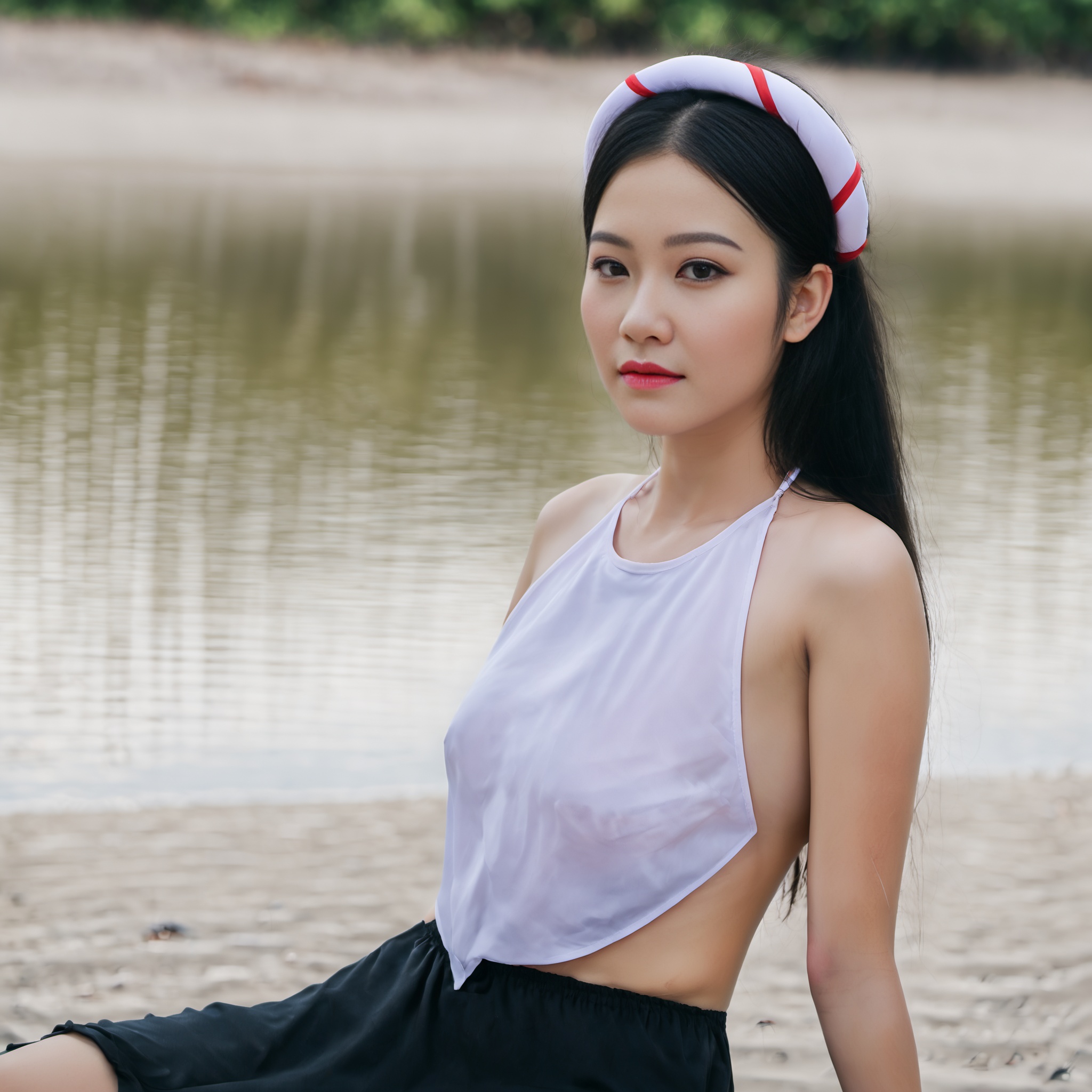 realistic,  professional photograph of 18 years old (Vietnamese girl wear aoyem) (rise hand,  standing on the beach) on Te...