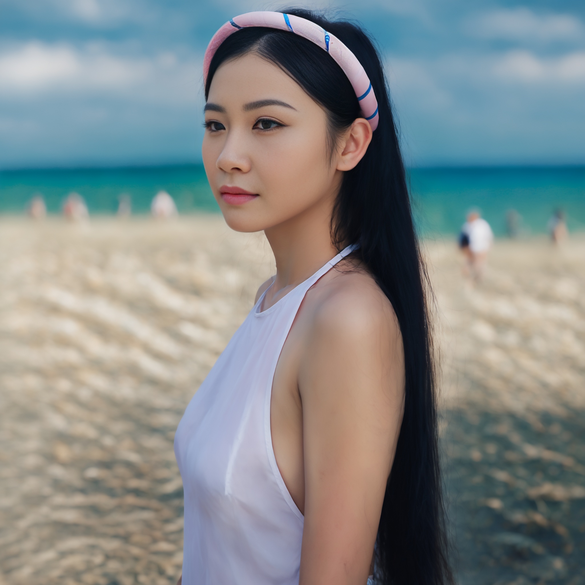 realistic,  professional photograph of 18 years old (Vietnamese girl wear aoyem) (rise hand,  standing on the beach) on Te...