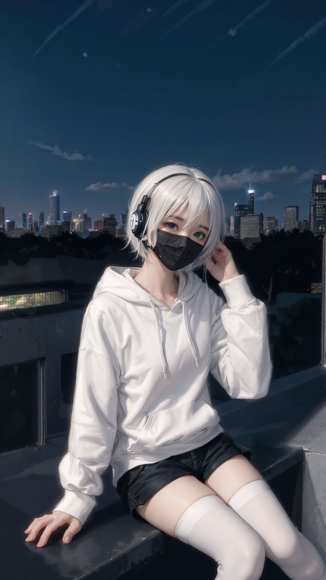 1boy, solo.green eyes, short hair, white hair, hair between eyes, bangs, headphones, white hoodie, flat chest, (black mask), shorts, (white stockings), sneakers, long sleeves;looking at viewer.

from dynamic angles.
beautiful sky,clouds,detailed lighting,ray tracing,complex lighting,urban skylines,city rooftop,night starry sky. High and low buildings, modern buildings,City Center Skyscrapers,LED shines brightly.
