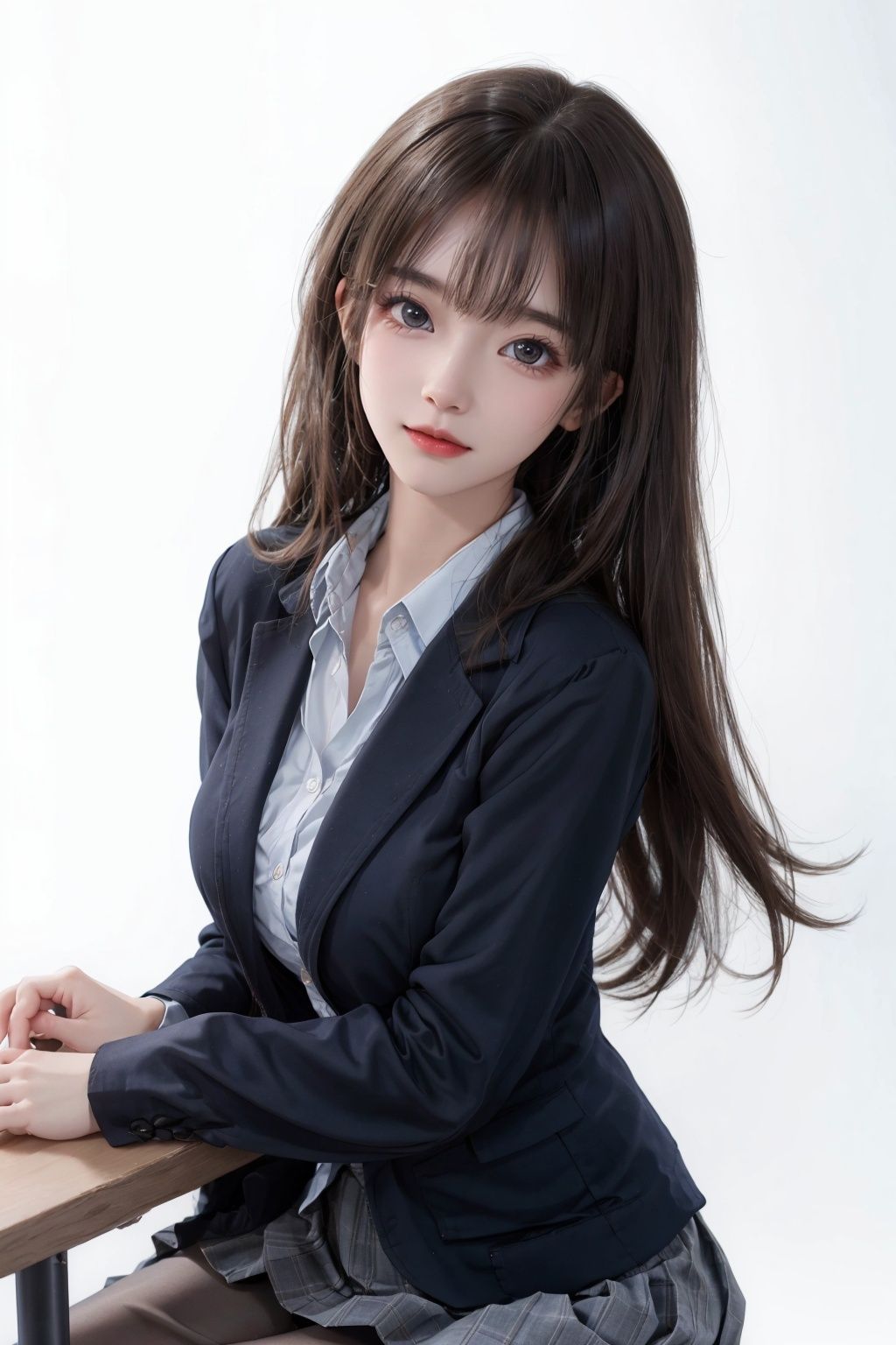  1girl,solo,tender, sister.long_hair,brown_eyes,blazer,blue_jacket,brown_skirt,long_sleeves,plaid_skirt,pleated_skirt,school_uniform,open_clothes,white shirt,large_breasts,open_jacket;;sitting,smile,closed_mouth,blush,looking_at_viewer.
\BREAK\
white background,HDR, UHD, 8K, Highly detailed, best quality, masterpiece, realistic, Highly detailed, (EOS R8, 50mm, F1.2, 8K, RAW photo:1.2), ultra realistic 8k cg.