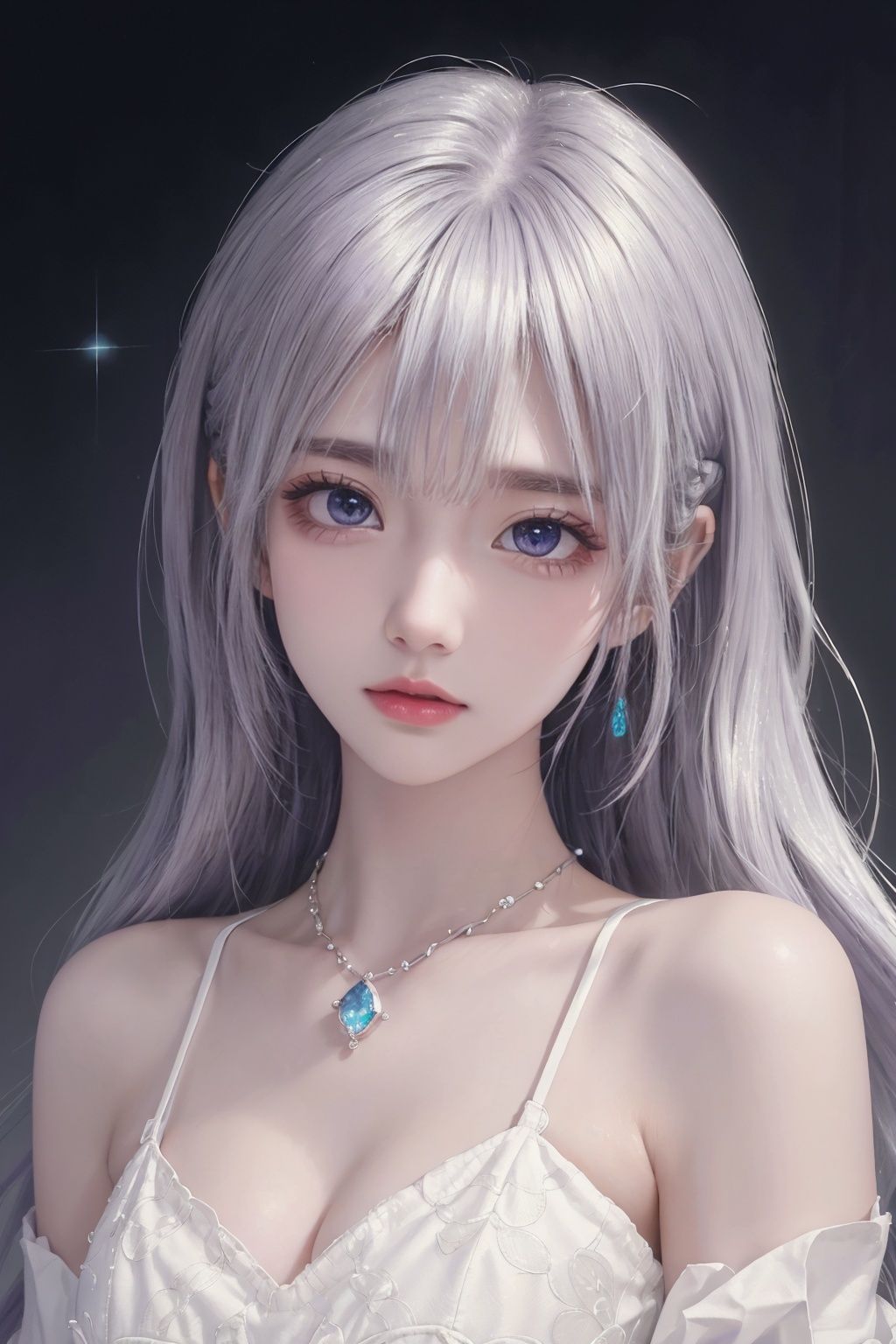 ((masterpiece)), ((best quality)), ((masterpiece,best quality,official art,extremely detailed CG unity 8k wallpaper)), girl, ((bishoujo)), mature female, ((long hair)), ((white hair)), shiny hair, (((hair twirling))), ((wavy hair)), crossed bangs, ahoge, crossed bangs, white colored eyelashes, longeyelashes, looking at viewer, (((mole under eye))), (seductive smile), closed mouth, smirk, ((purple eyes)), gradient eyes, (((sparkling eyes))), lolita_fashion, jewelry, ((earrings)), (best quality), ((masterpiece)), (highres), original, extremely detailed 8K wallpaper, 1girl, (an extremely delicate and beautiful),((((turn pale)))),(((expressionless))),cold attitude,