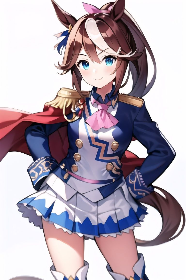 1girl, tokai_teio_\(umamusume\), multicolored_hair, horse_ears, boots, animal_ears, solo, smile, horse_girl, hand_on_hip, white_footwear, epaulettes, tail, brown_hair, skirt, gloves, pleated_skirt, white_background, horse_tail, ponytail, high_ponytail, full_body, bow
