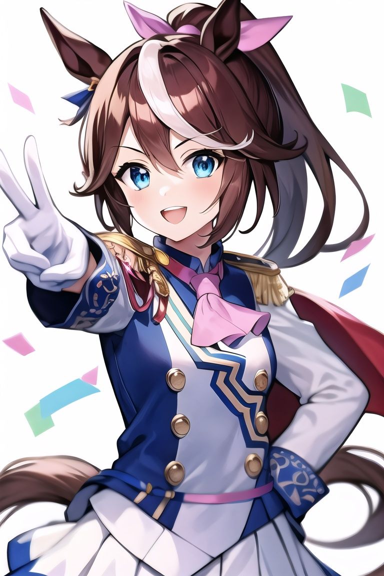 sparkle, sparkle_background, horse_ears, animal_ears, 1girl, tail, brown_hair, high_ponytail, tokai_teio_\(umamusume\), multicolored_hair, horse_tail, horse_girl, open_mouth, smile, v, solo, white_skirt, skirt, gloves, pleated_skirt, hair_between_eyes, streaked_hair, white_background, looking_at_viewer, glint, long_hair, white_gloves, hand_on_hip, simple_background, epaulettes, hair_ribbon, outstretched_arm, ribbon