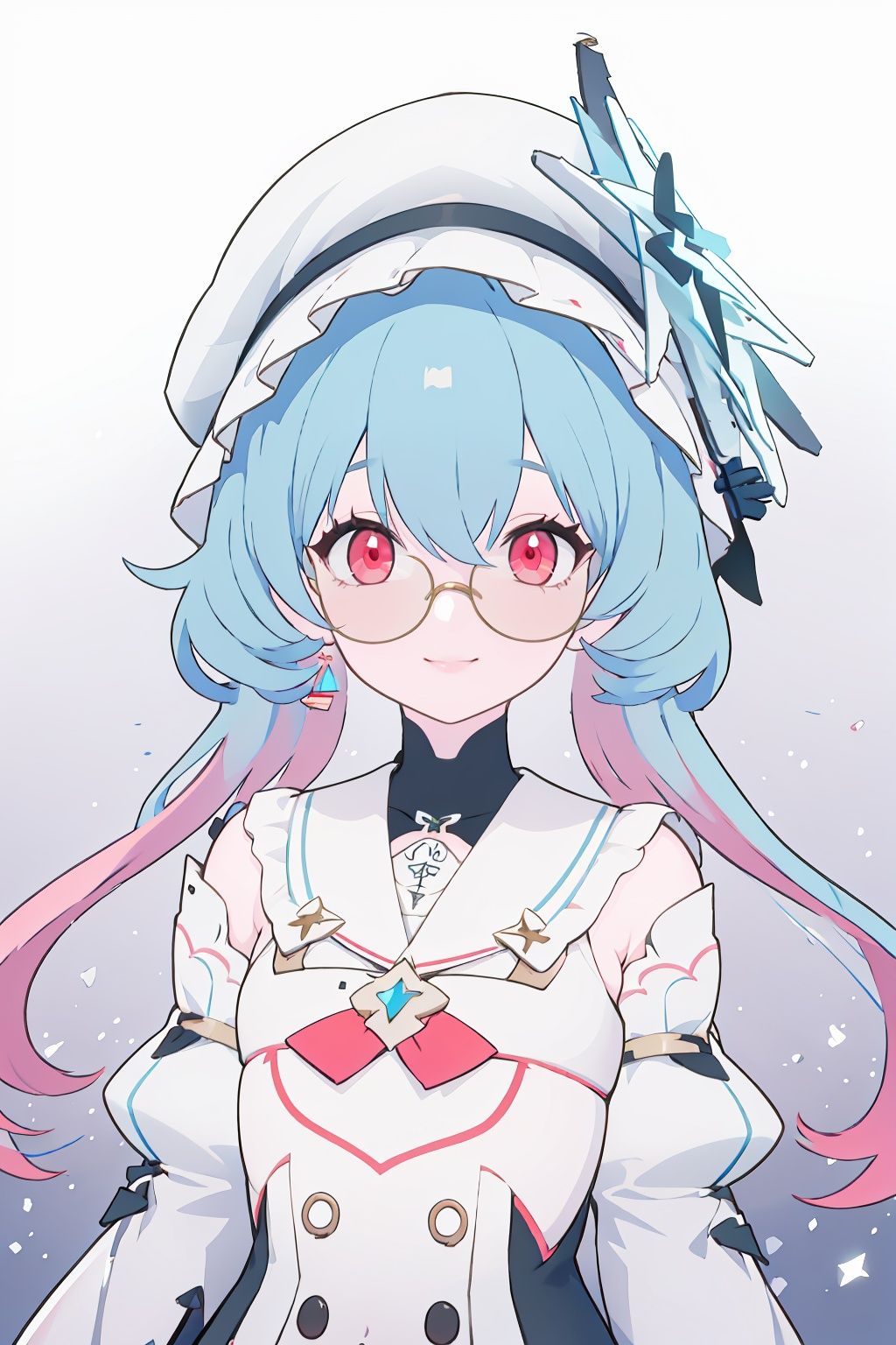 1girl, solo,  multicolored hair, hat, smile, blue hair, looking at viewer, glasses, red eyes, detached sleeves, bangs, gradient hair, dress, long hair, white headwear, pink hair,buleweiXF,
(masterpiece:1.2), best quality, masterpiece, highres, original,ultra-detailed, illustration,extremely detailed wallpaper, perfect lighting,(extremely detailed CG:1.2), drawing, paintbrush,
