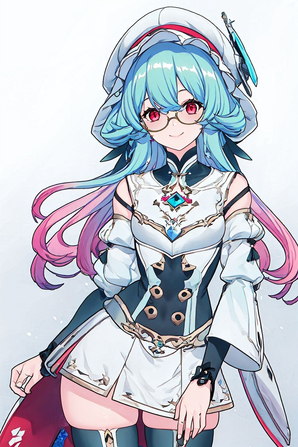 1girl, solo,  multicolored hair, hat, smile, blue hair, looking at viewer, glasses, red eyes, detached sleeves, bangs, gradient hair, dress, long hair, white headwear, pink hair,buleweiXF,
(masterpiece:1.2), best quality, masterpiece, highres, original,ultra-detailed, illustration,extremely detailed wallpaper, perfect lighting,(extremely detailed CG:1.2), drawing, paintbrush,
