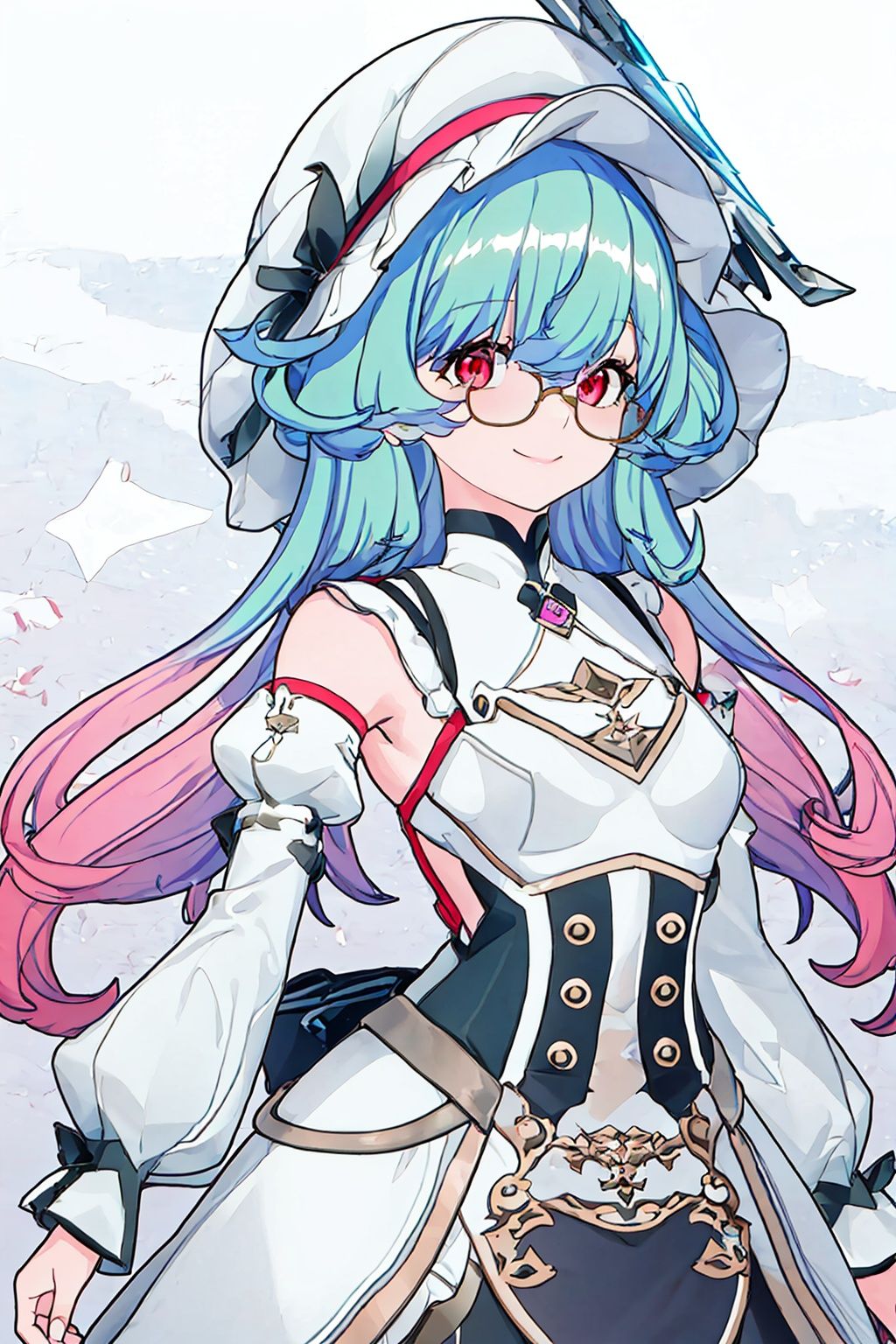 1girl, solo,  multicolored hair, hat, smile, blue hair, looking at viewer, glasses, red eyes, detached sleeves, bangs, gradient hair, dress, long hair, white headwear, pink hair,buleweiXF,
(masterpiece:1.2), best quality, masterpiece, highres, original,ultra-detailed, illustration,extremely detailed wallpaper, perfect lighting,(extremely detailed CG:1.2), drawing, paintbrush,
